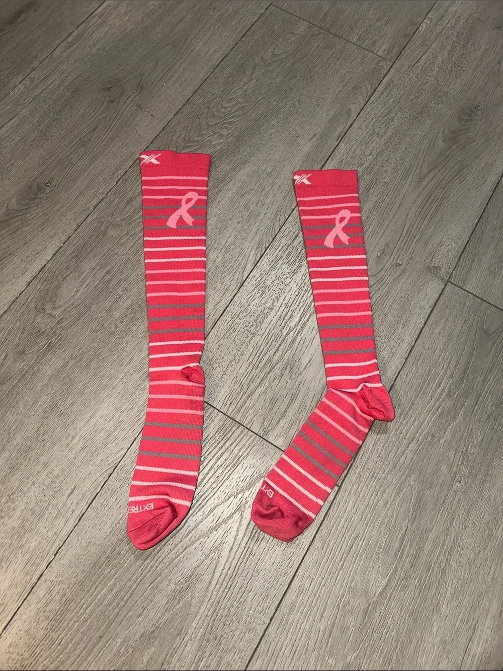 Pink Striped Compression Knee-High Socks with Breast Cancer Ribbon